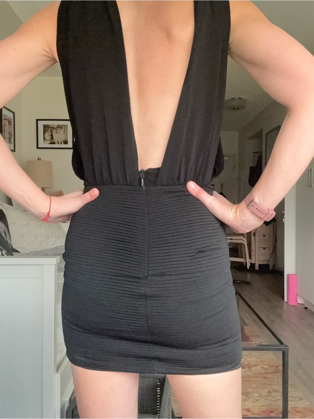 BCBGMaxAzria Black Plunging V-Neck Ruched Mini Dress - Picture 3 of 11